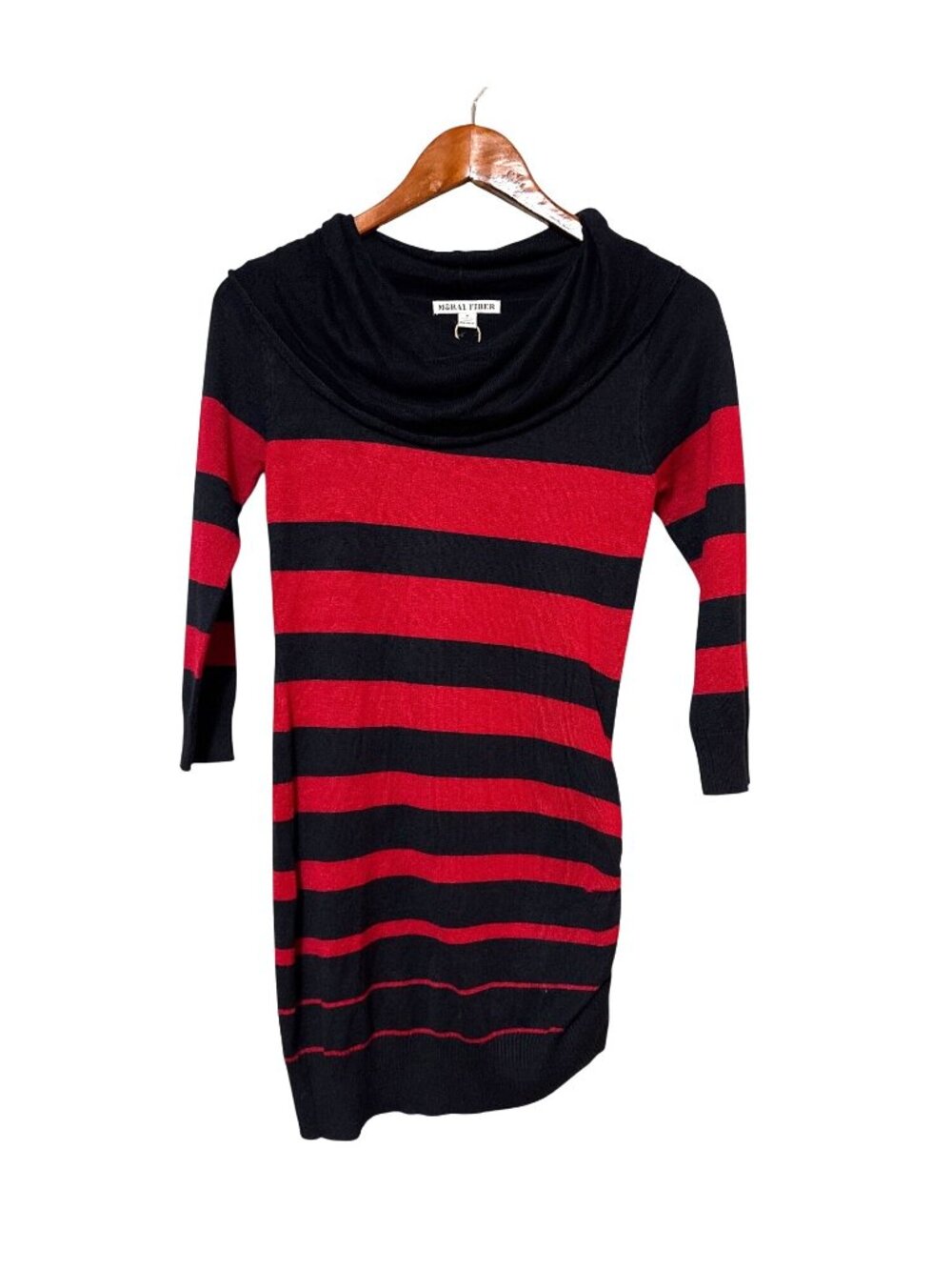 Striped Black & Red Cowl Neck Sweater Dress W/ Zipper Detail Moral Fiber S